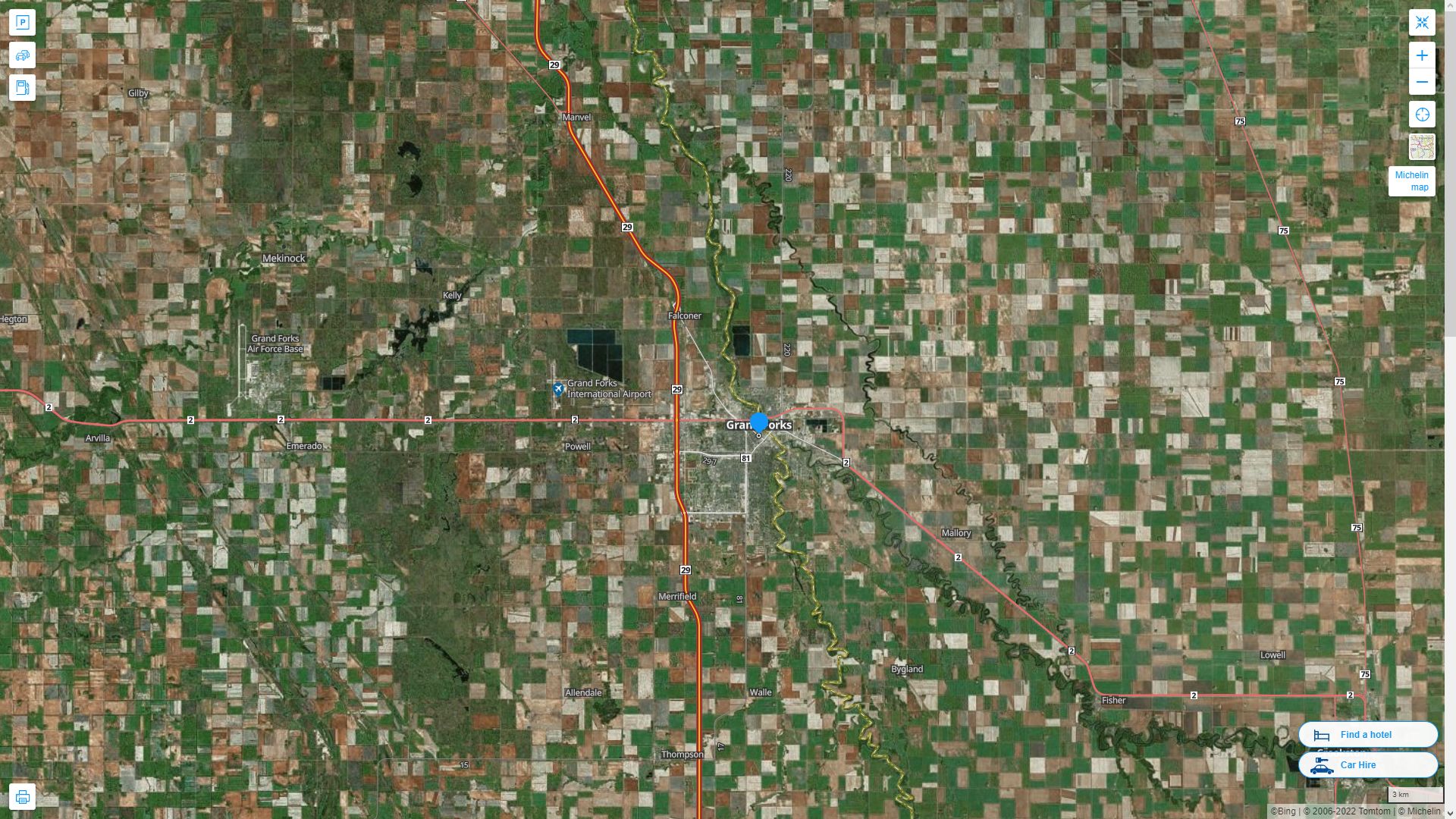 Grand Forks North Dakota Highway and Road Map with Satellite View